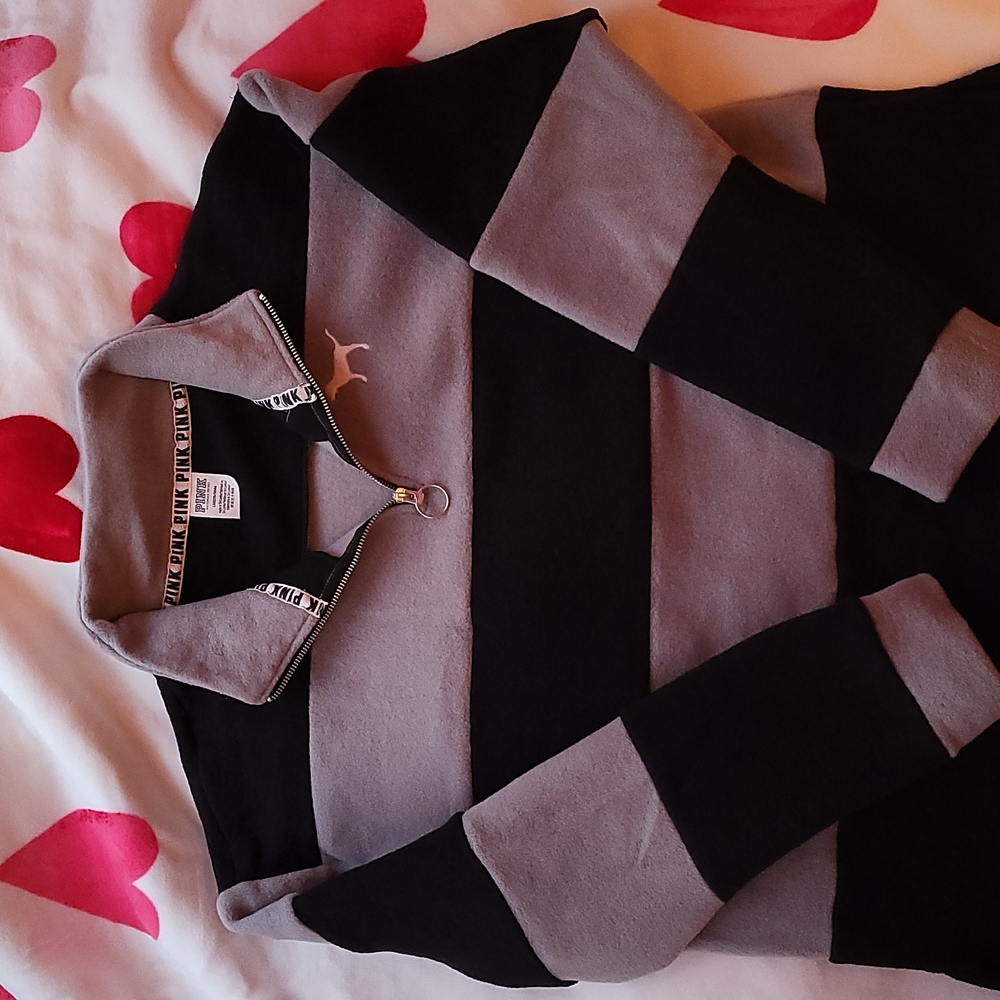 victorias secret pink quarter zip rugby fleece stripe sweatshirt large